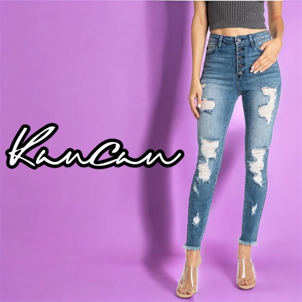 KANCAN - WOMEN'S HIGH RISE BUTTON FLY DISTRESSED SUPER SKINNY JEANS SIZE‎ XL